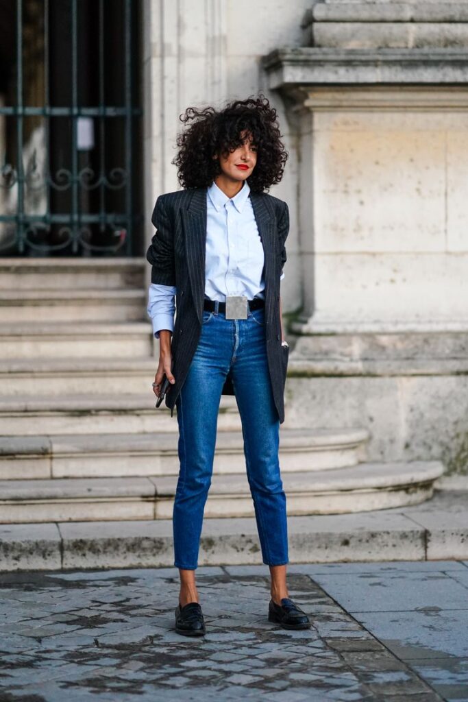 Male blazer + blue shirt + skinny jeans