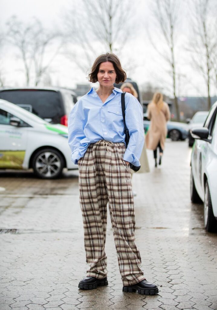 Blue shirt + checked pants